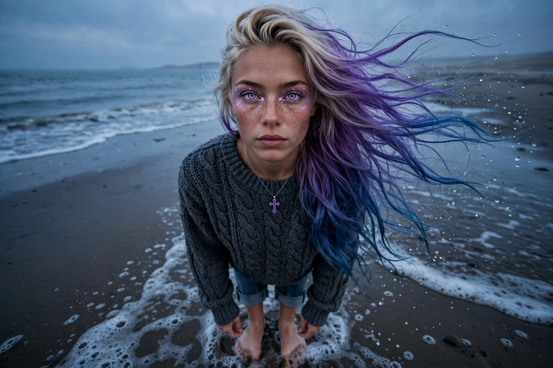 Syntara standing at the water's edge before sunrise